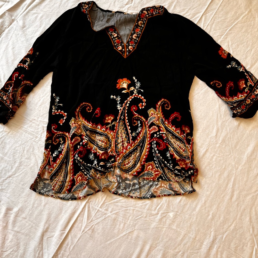 Soft Surroundings Black and Orange Paisley Blouse